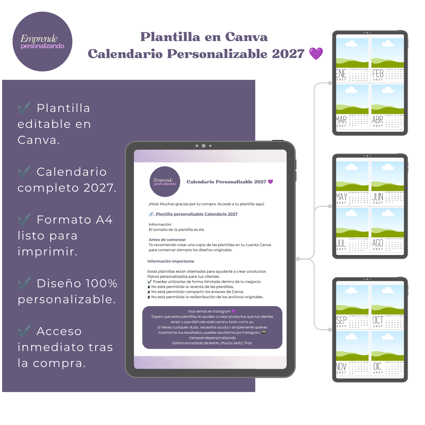 Plantilla Calendario 2027 Personalizable en Canva (Editable e Imprimible)