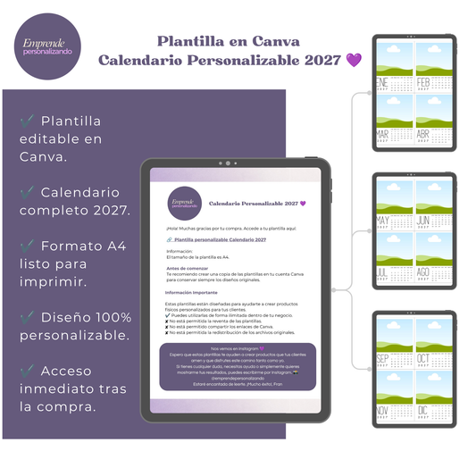 Plantilla Calendario 2027 Personalizable en Canva (Editable e Imprimible)